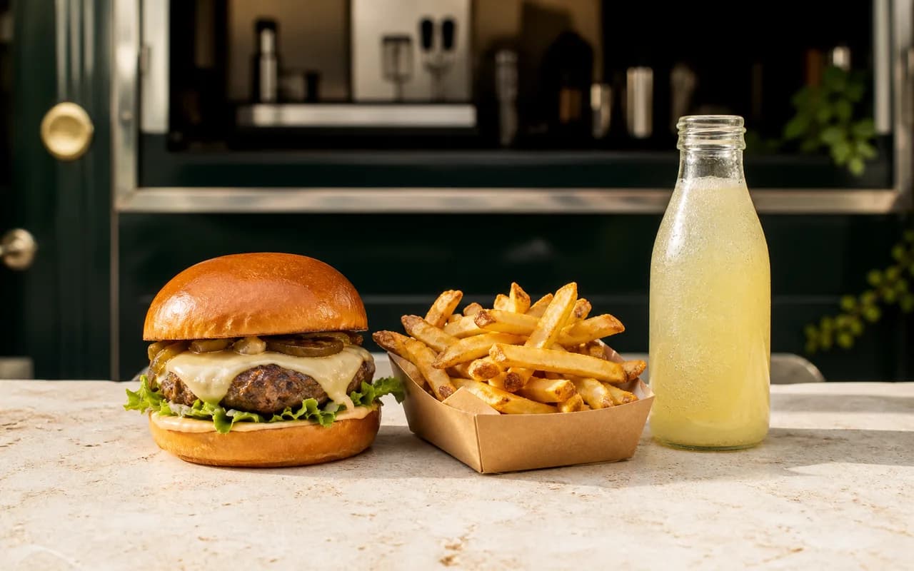 Menu fictif de Bistro Zenit avec burger, frites et citronnade